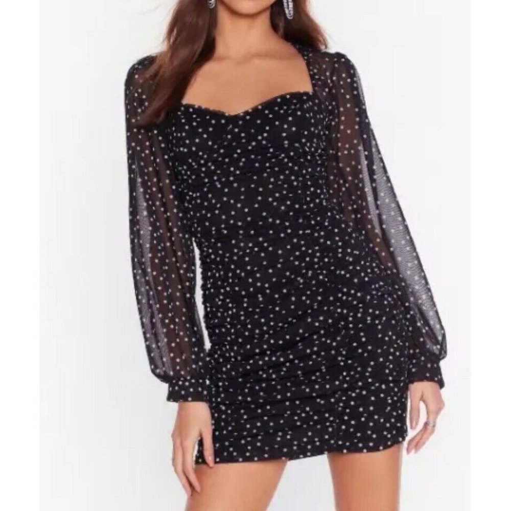 NASTY GAL Spot Right There Mesh Mini Dress 6 Stretch Sexy Slinky Black Dots 9462